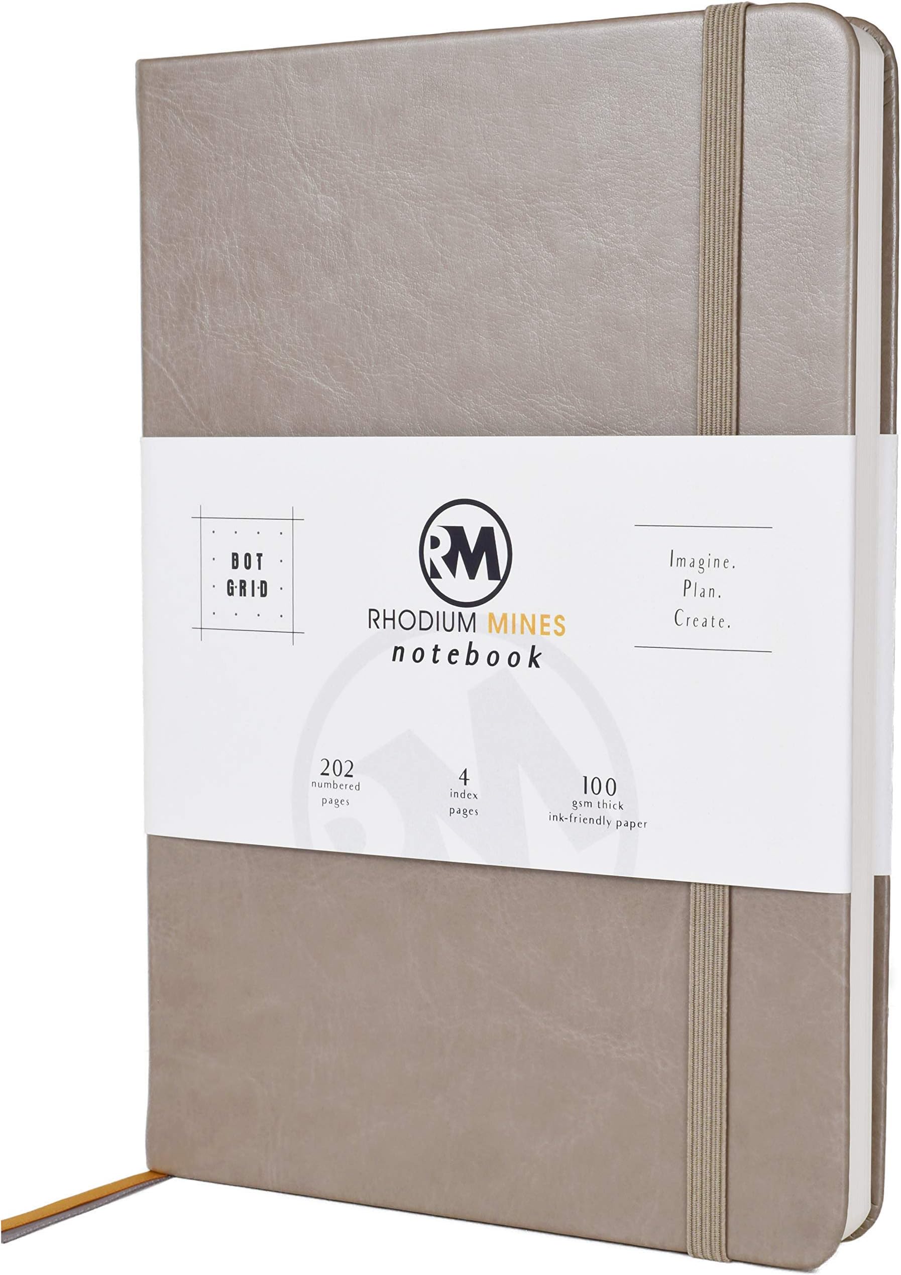 Rhodium Mines Dotted Notebook A5 Journal, Dot Grid 202 Numbered Pages, 4 Index Pages, Hardback, Premium PU Leather, 100 GSM Hardcover Diary (Stone Grey, Dotted)