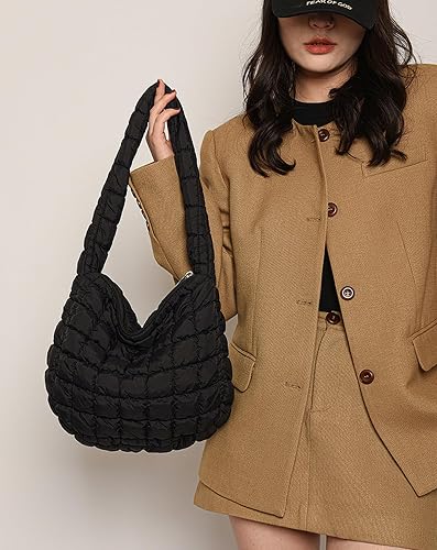 Women’s Quilted Puffy Tote Bag – Lightweight Carryall With Cosmetic Pouch & Crossbody Strap