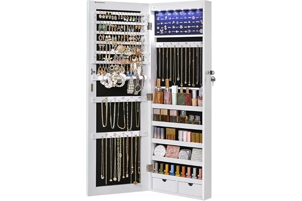 SONGMICS Hanging Jewelry Cabinet, Wall-Mounted Cabinet with LED Interior Lights, Door-Mounted, White UJJC99WT