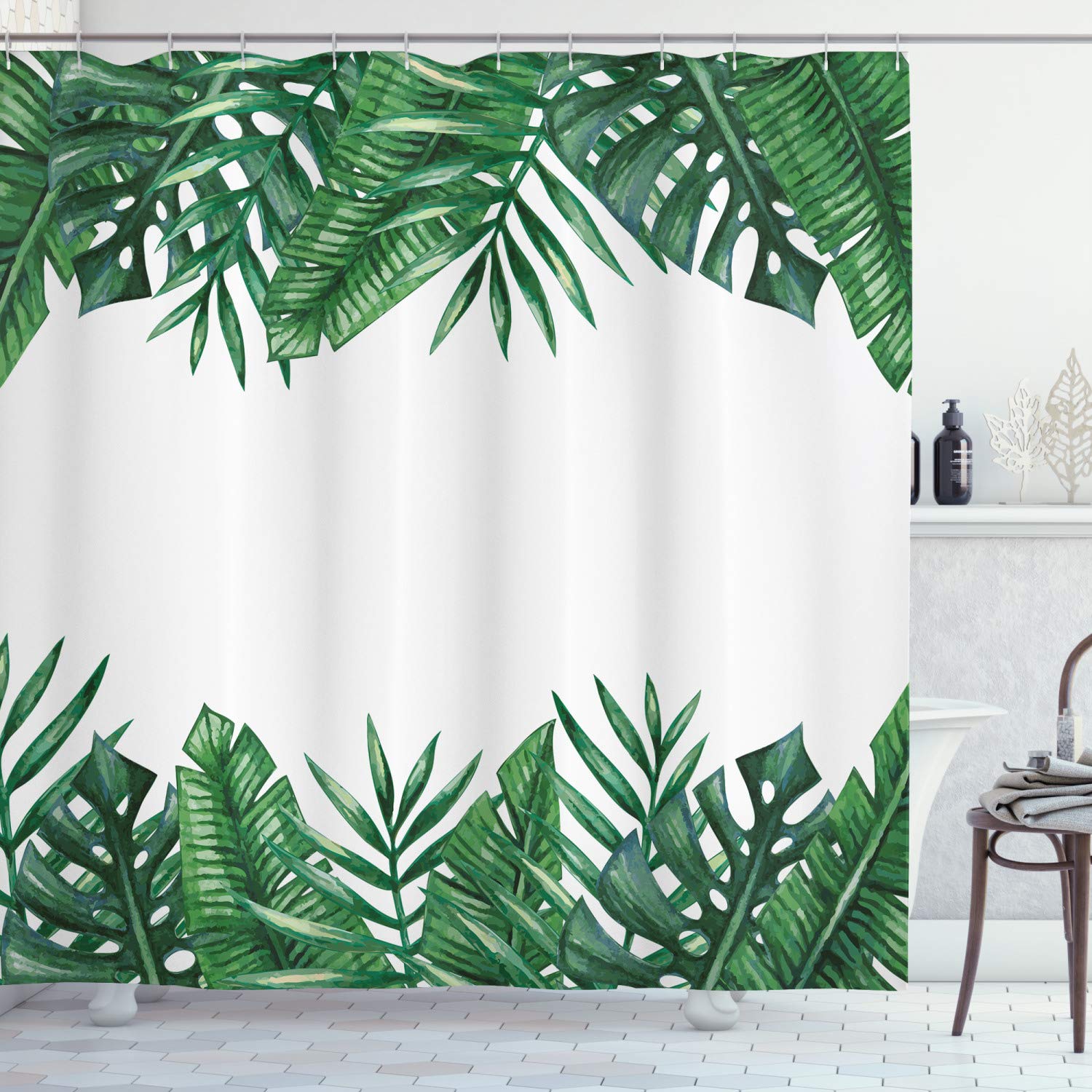 ABAKUHAUS Palm Leaf Shower Curtain, Framework with Rainforest Foliage Leaves in Watercolors, Cloth Fabric Bathroom Decor Set with Hooks, 70 Inches, Hunter Green — image 1
