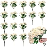 Jexine 16 Pack Flower Bridesmaid Bouquets Fake Roses Artificial Silk Flowers Bulk for Bridesmaid Bridal Wedding Vase Faux Rose Bridal Rose Bouquets Wedding Party Decor(White)