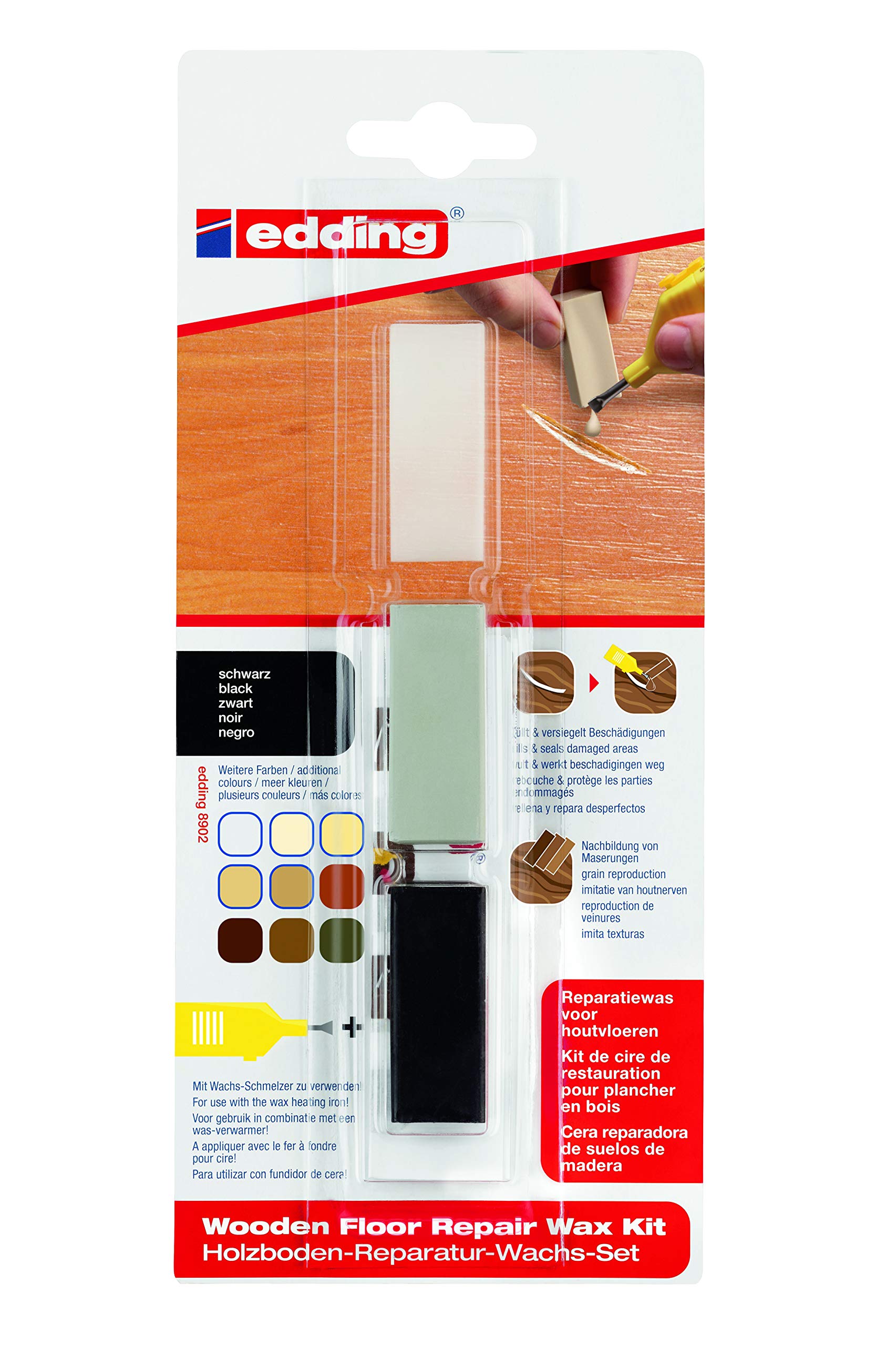 edding 8902 - wooden floor repair wax set - black - 3 hard waxes - for repairing damage and scratches in wooden floors