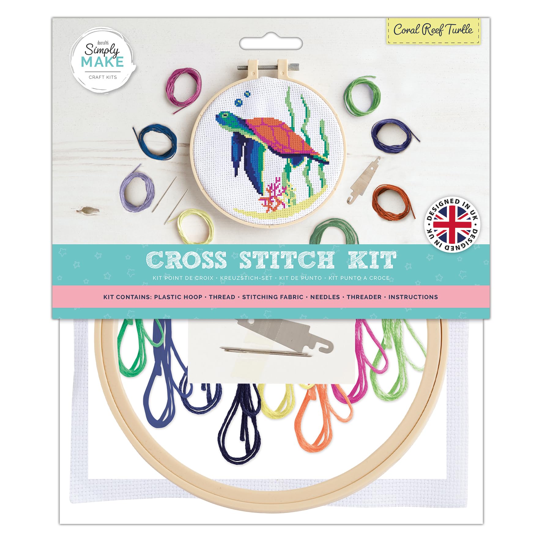 Simply Make Cross Stitch Kit - Coral Reef Turtle Design for Kids & Adults, Including Hoop, Embroidery Thread, Fabric and Needle - Perfect for Adult Crafts and Beginners Starter Cross Stitch Craft Kit