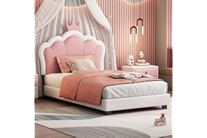 BEDGJH Twin Size Upholstered Princess Bed with Crown Headboard, Modern PU Platform Bed Frame Twin Size with Wooden Slats Support, No Box Spring Needed, Easy Assembly (White+Pink)