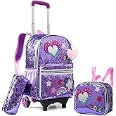 Meetbelify Girls Rolling Backpack Sequin Rolling Backpacks with Wheels for Girls for Elementary School Bag