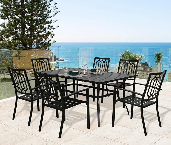 Amazon Com Ulax Furniture Outdoor Patio Rectangular Slatted Dining Table With Umbrella Hole Classic Black Kitchen Dining