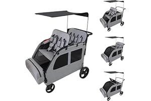 JULYSHILIU Car-Shaped 4 Seater Stroller Wagon for 2 3 Kids Foldable All-Terrain Quad Wagon with Removable Canopy, 5-Point Harness Elevated Seats, XL Storage Bag Shopping Outdoor (Light Grey)