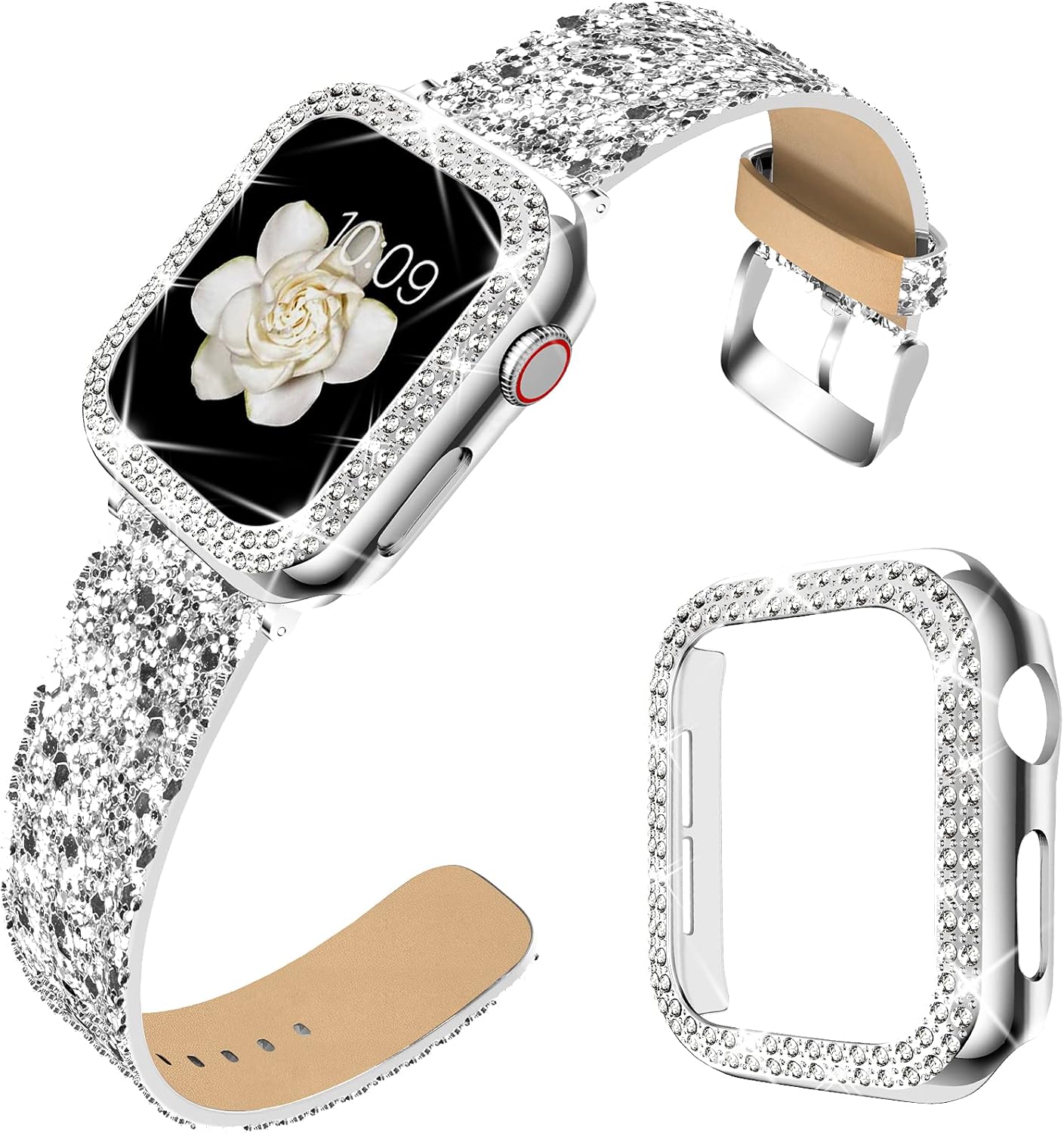 DABAOZA Compatible for Apple Watch Band 38mm 42mm with Case, Bling Women Glitter Leather Strap Sparkle Replacement Wristband with Dressy Crystal Bumper Cover for iWatch Series 3 2 1