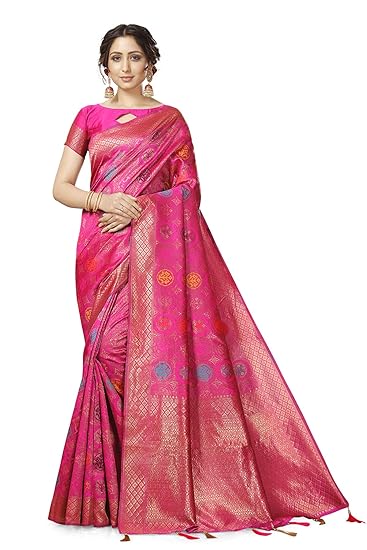 Divaastha Pink Lichi Silk Geometric Print Saree with Blouse Piece (APP003RANI)