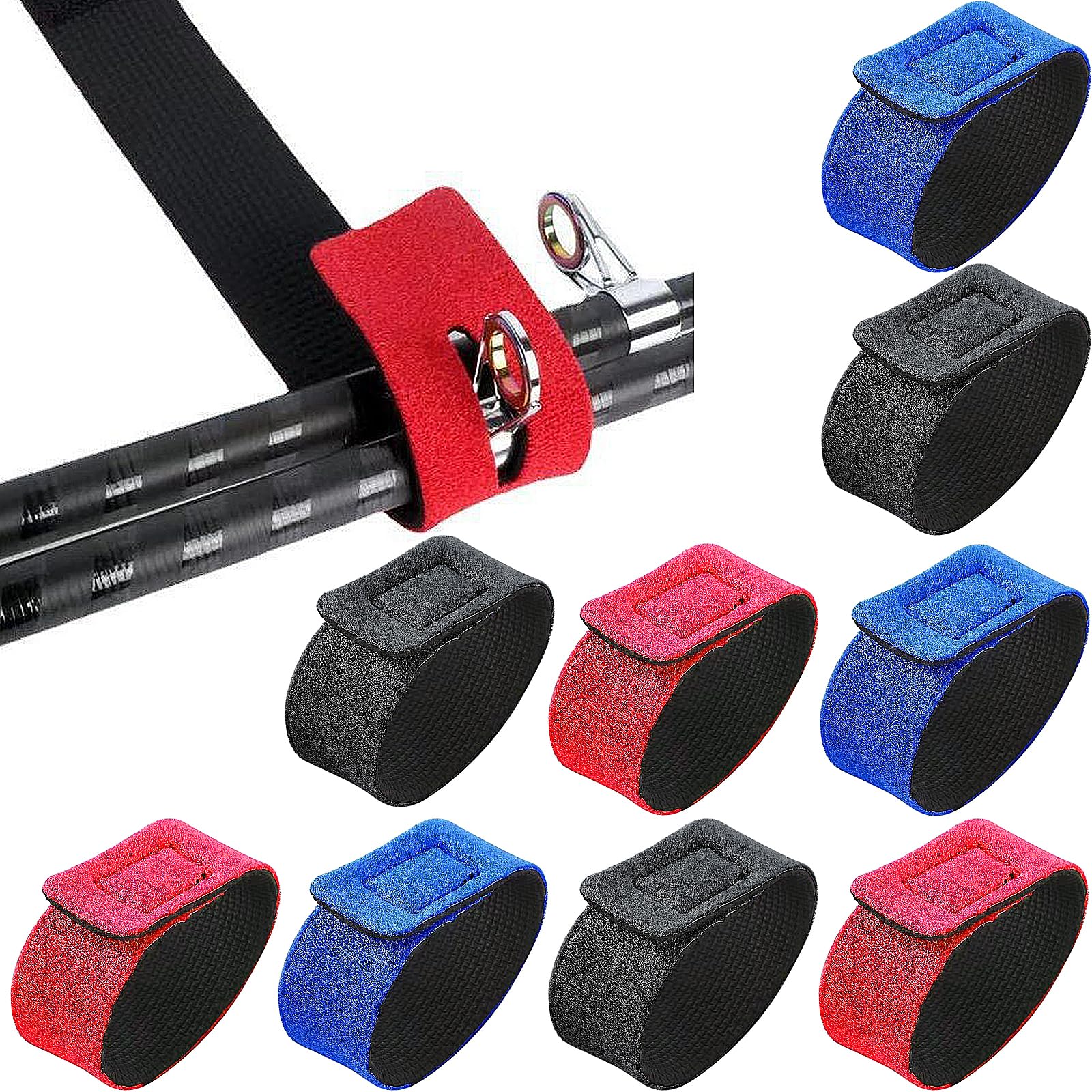 YUTOU Pack of 9 Fishing Rod Straps Elastic Rod Bands Elastic Fishing Rod Belt Ties for Fixed Fishing Rods Gear Strap Spinning Rod Sea Rod Feeder Rod (Black/Red/Blue