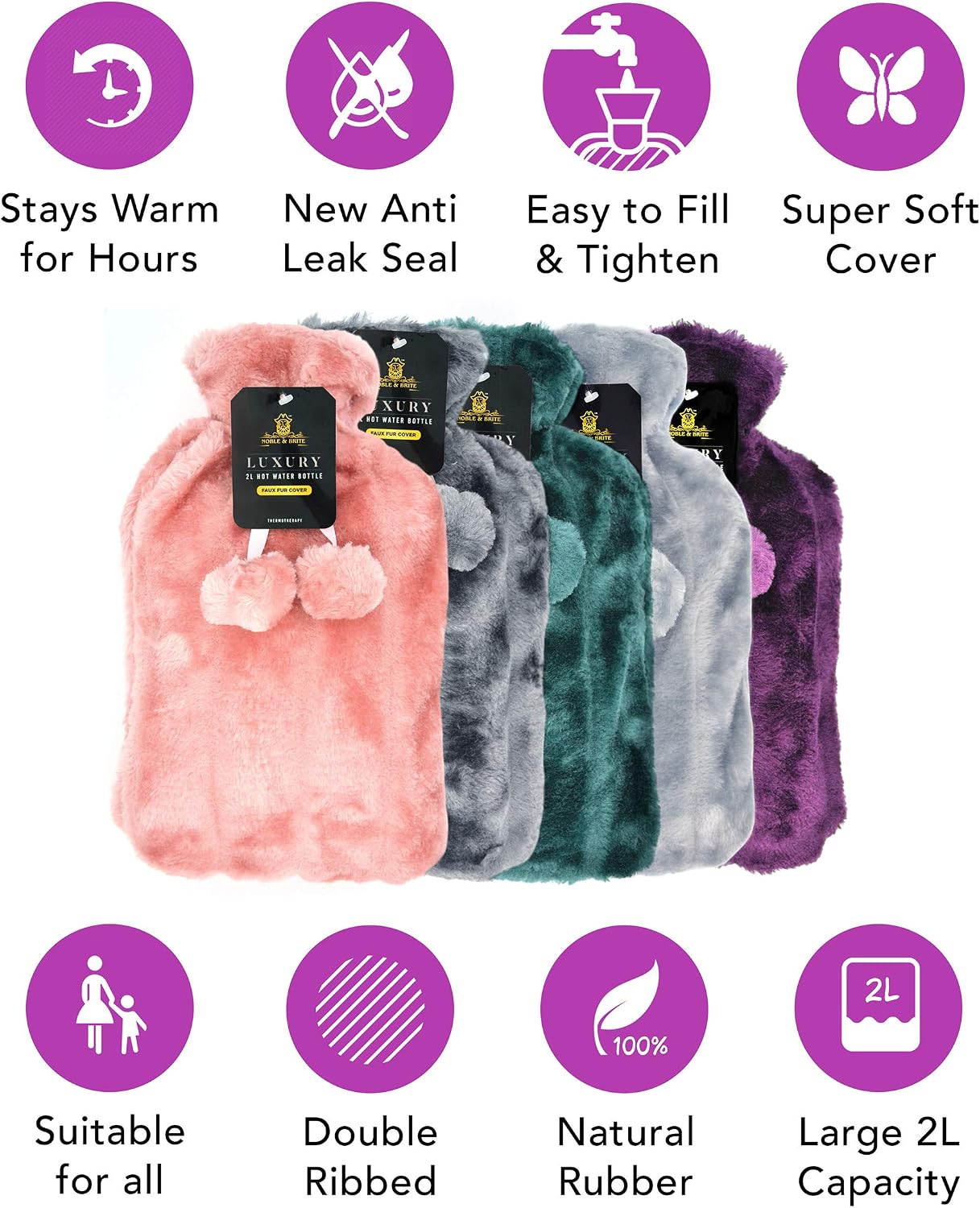 Hot Water Bottle with Cover Fluffy Super Soft Faux Fur Large 2 Litre (Silver) - Image 3