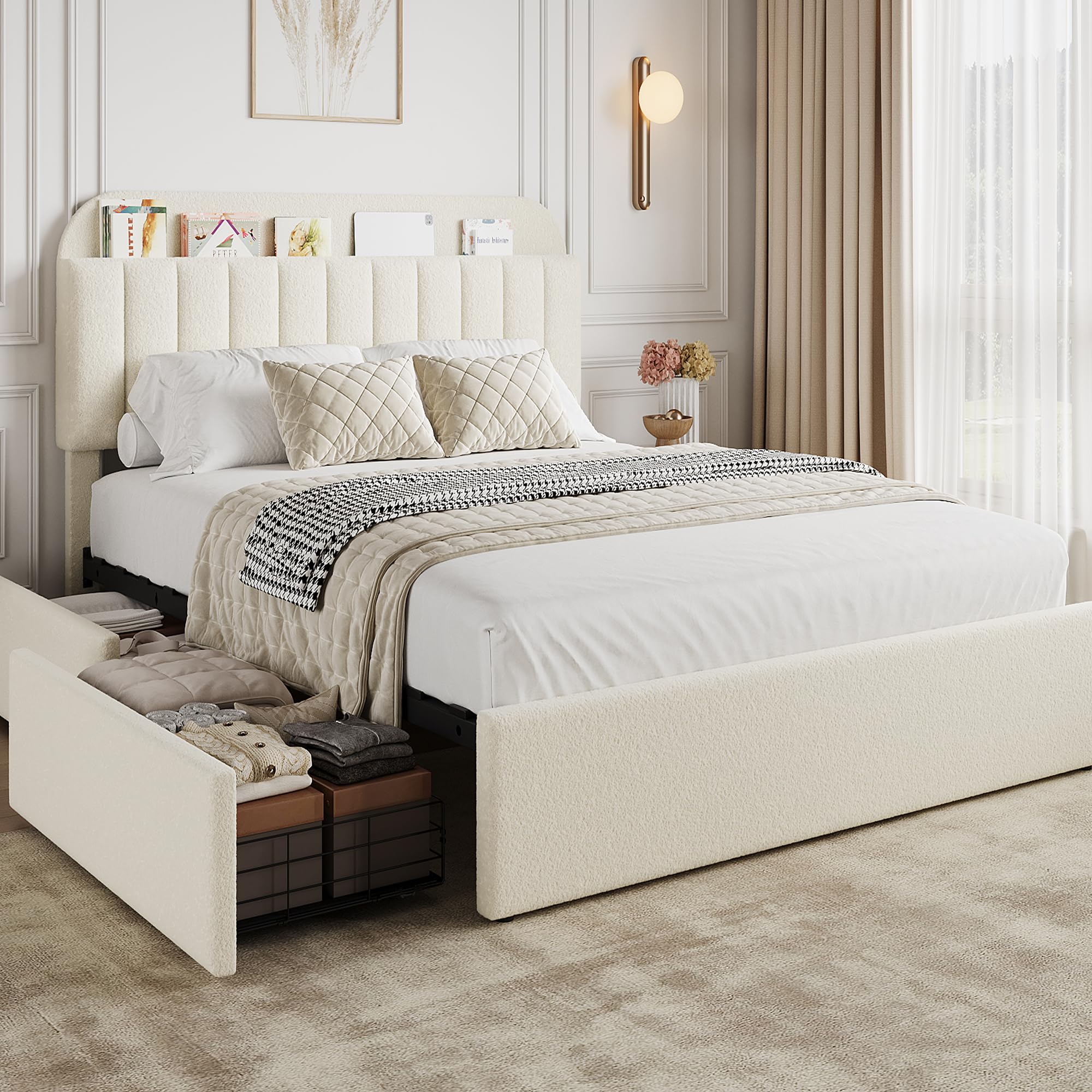 Photo 1 of GarveeHome Queen Bed Frame with Storage Headboard, Girls Bed Frame with 2 Drawers, Boucle Upholstered Platform Bed with Bookcase, No Box Spring Needed, Easy Assembly, Beige White
