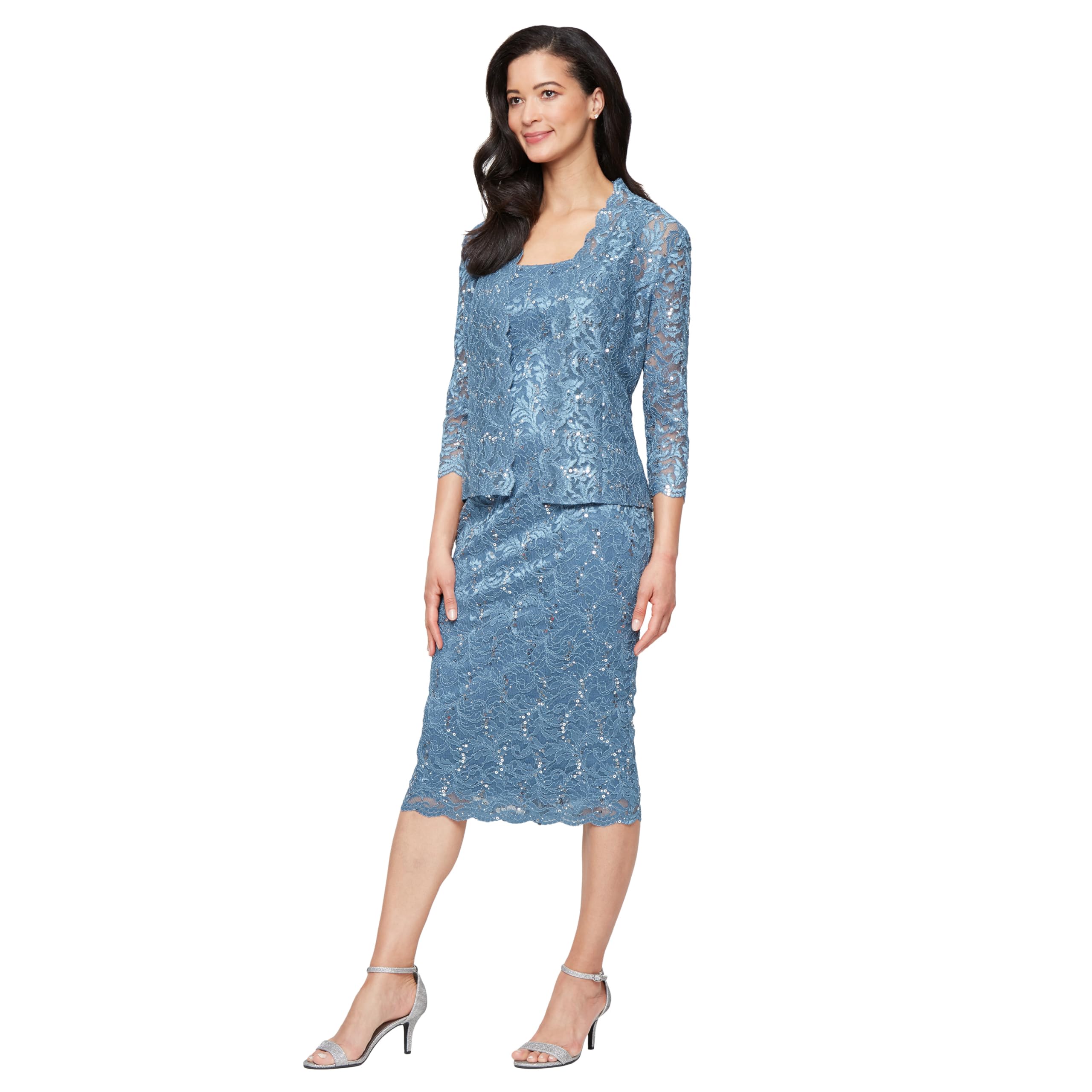 S.L. Fashions Women’s Tea Length Sequin Lace Special Occasion Dress with Illusion Sleeve Jacket