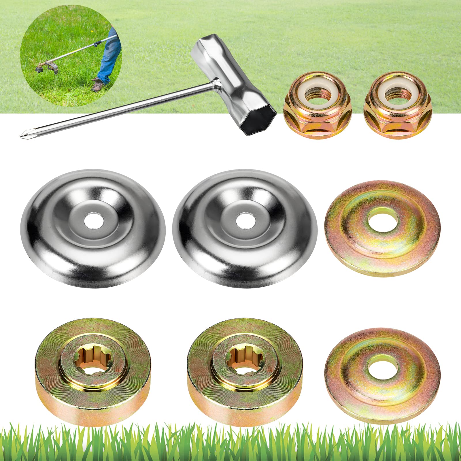 Replacement Metal Gearbox Blade Nut Fixing Kit 9 Pcs Universal Gardening Machine Adapter Kit Blade Adapter Kit for Lawn Mower Trimmer Brush Cutter