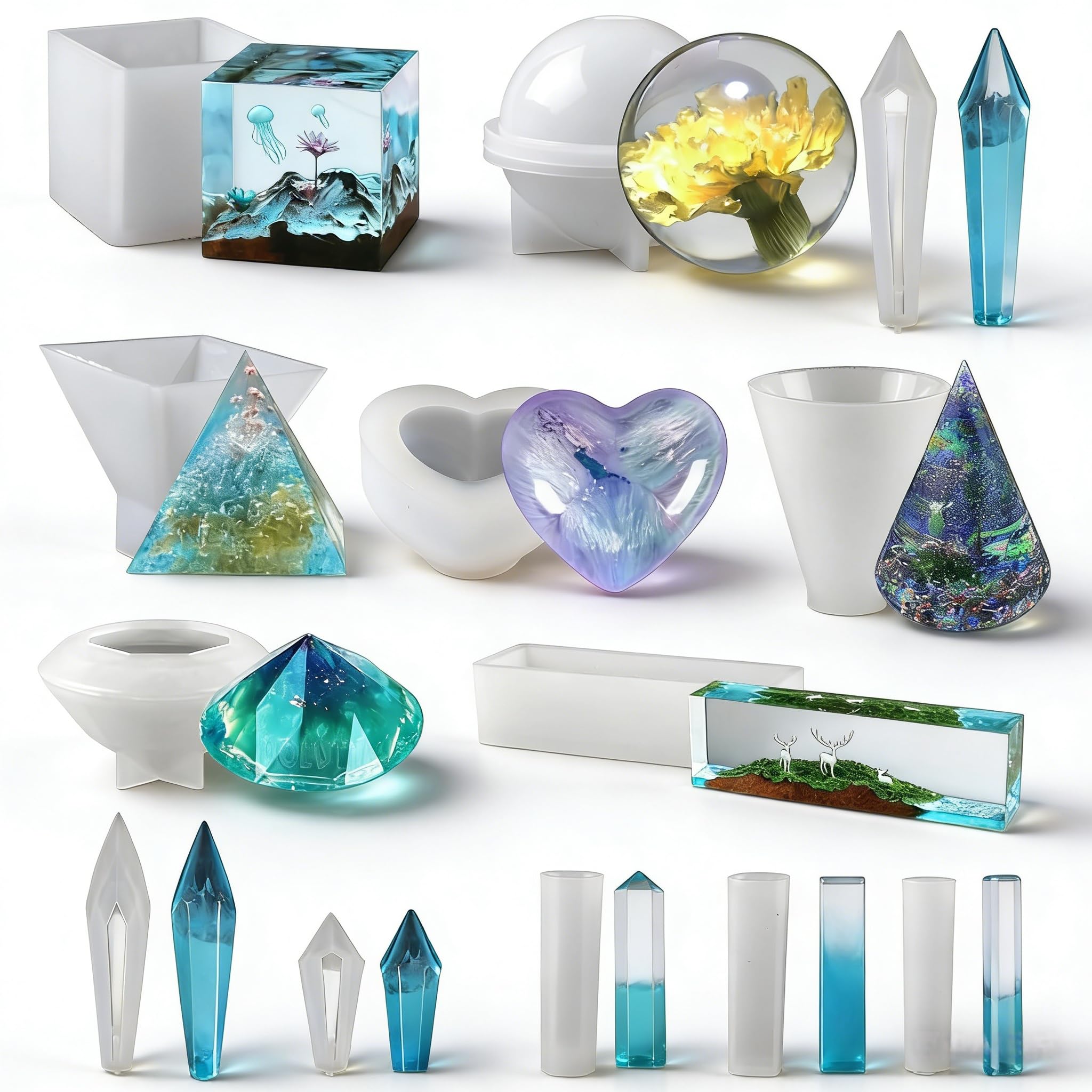 EPODA 13 Pcs Resin Silicone Moulds,Silicone Moulds for Casting,DIY Jewelry Craft Molds with Sphere, Cube, Pyramid, Diamond, Square, Round and Crystal Pendants