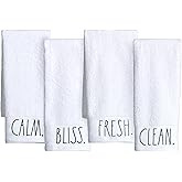Rae Dunn Hand Towels, Embroidered Decorative Hand Towel for Kitchen and Bathroom, 100% Cotton, White- Fresh/Clean/Calm/Bliss, 16"x 28"
