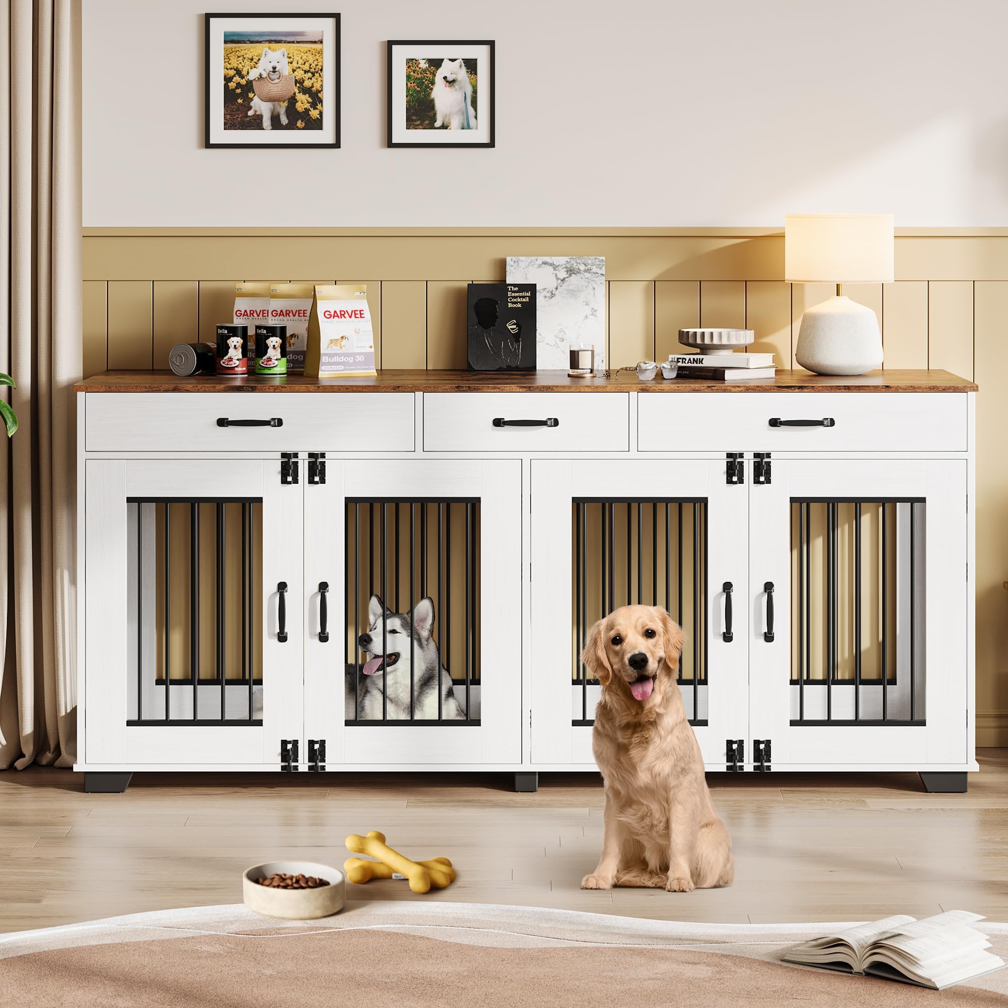 Photo 1 of 71'' Dog Crate Furniture, Wooden Indoor Dog Kennel for 2 Dogs with 3 Drawers and Removable Room Divider, XXL Double Dog Crate TV Stand End Table with Double Doors for Large Medium Dogs