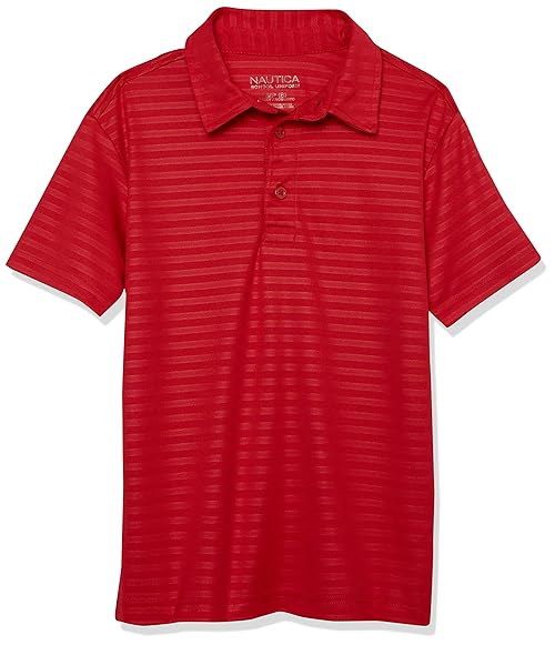 Nautica Boys Active Short Sleeve Shirt, Button Closure & Embossed Stripes, Breathable Performance Fabric Polo, Red, 10-12 US