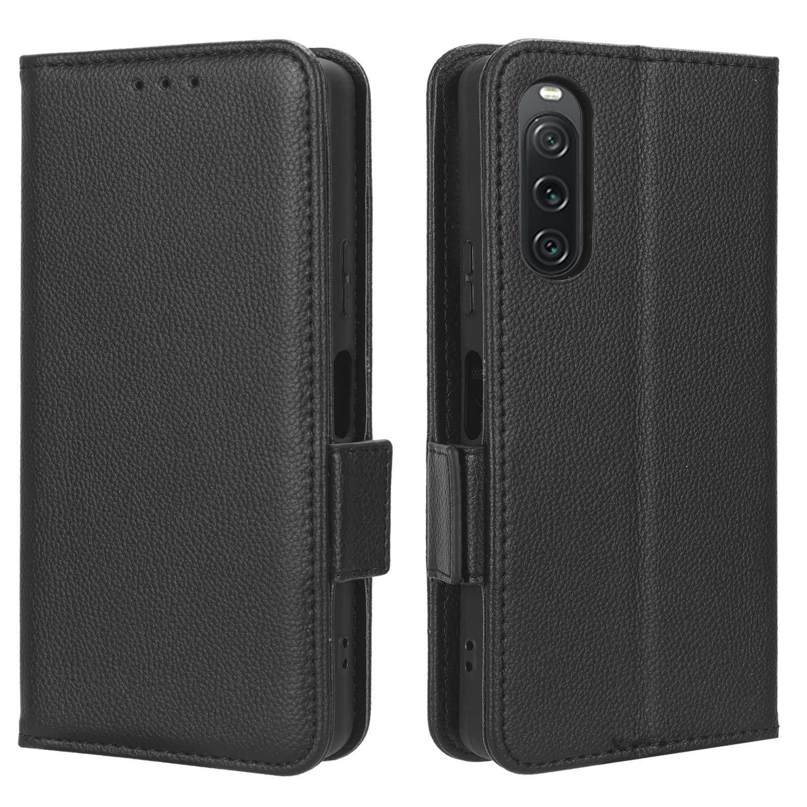 Unichthy Phone Case for Sony Xperia 10 V Cover Flip Shockproof Litchi Texture Anti-slip Wallet Case PU Leather Stand Magnetic Closure Folio Protective Phone Skin for Sony Xperia 10 V Black