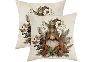 Gnome Throw Pillow Covers, Christmas Rustic Pinecones Berries Xmas Green Soft Velvet Washable Pattern Pillow Covers for Livin
