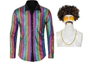 Taamlou Men's 70s Disco Shiny Shirts Sequins Long Sleeve Costume