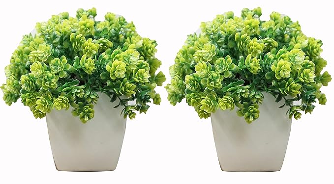 DecoratingLives Set of 2 Mini Cute Artificial Plants Bonsai Potted Plastic Faux Green Grass Fake