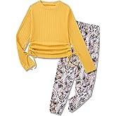 mksodop Girls Clothes Ruched Drawstring Short Sleeve Knit Top and Camo Print Pants 2 Piece Girls Outfits