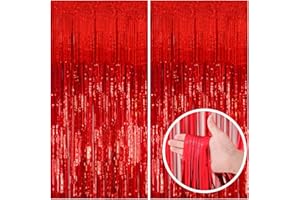 BOMSI 2 Pack Red Streamers Party Backdrop Christmas Decorations Foil Fringe Backdrop Curtains Carnival Casino Theme Birthday New Year Holiday Celebration Bachelorette Party Decorations Supplies
