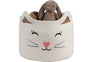 ZLG Cat Face Rope Basket, Baby Basket with Handles Handmade Standing baskets for Nursery Decor and Storage,Cotton Rope Gift W