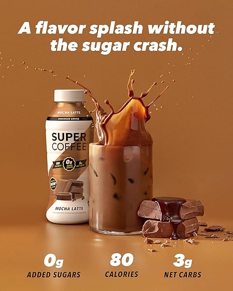 SUPER COFFEE, READY TO DRINK ICED COFFEE, VANILLA LATTE (12 OUNCE BOTTLES, PACK OF 12) – LOW NET CARBS, NO ADDED SUGAR, KETO FRIENDLY, 10G OF PROTEIN, LOW CALORIE, PROTEIN COFFEE