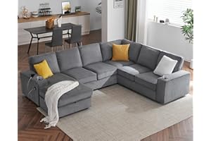 PaPaJet Oversized Sofa, 112 inch U Shaped Sofa with USB Ports, Sectional Sofa Couch with Storage Chaise, Corduroy Grey