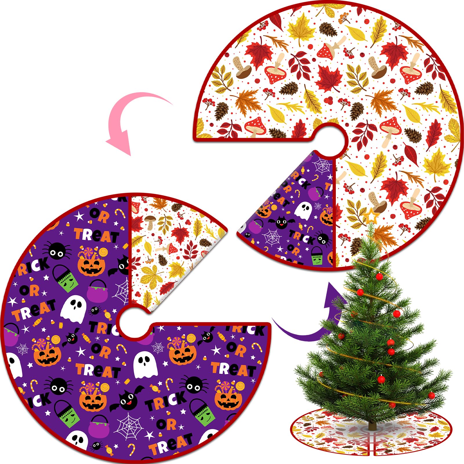 Photo 1 of 15 Inch Mini Fall Tree Skirt Halloween Reversible Thanksgiving Day Double Sided Print Mat Christmas Party Supplies for Home Tabletop Trees Holiday Decoration (15 Inch Fall/Halloween)
