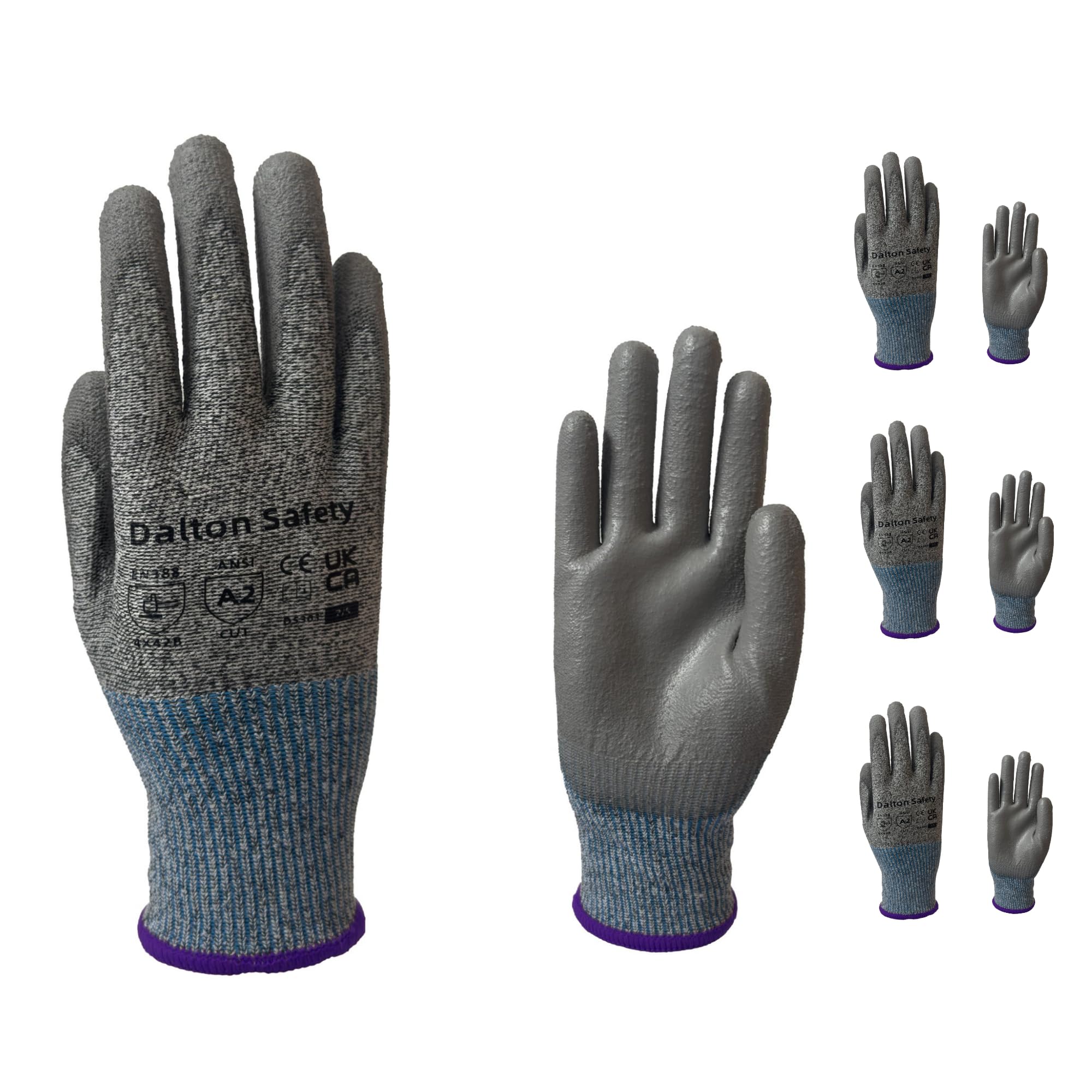 Dalton Safety 3 Pairs Of XS Cut Resistant Level 3 Work Gloves, HPPE Knitted Cuff, PU Coated Palm & Fingertips. Perfect For General Duty, Gardening, Glass Cutting & Sheet Metal Handling