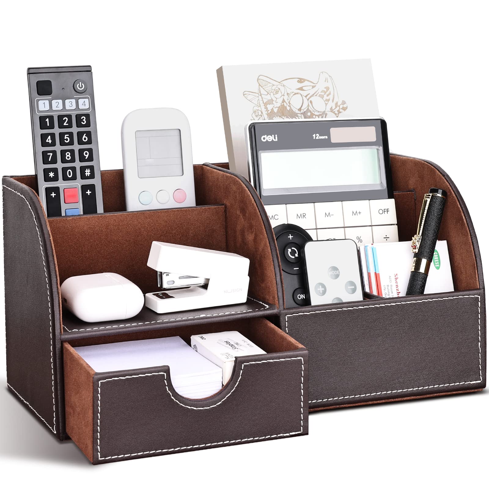 Richblue PU Leather Desk Organiser, Pen Holders Desk Tidy Organiser Set, office Pen Pot for Desk (L-Brown)