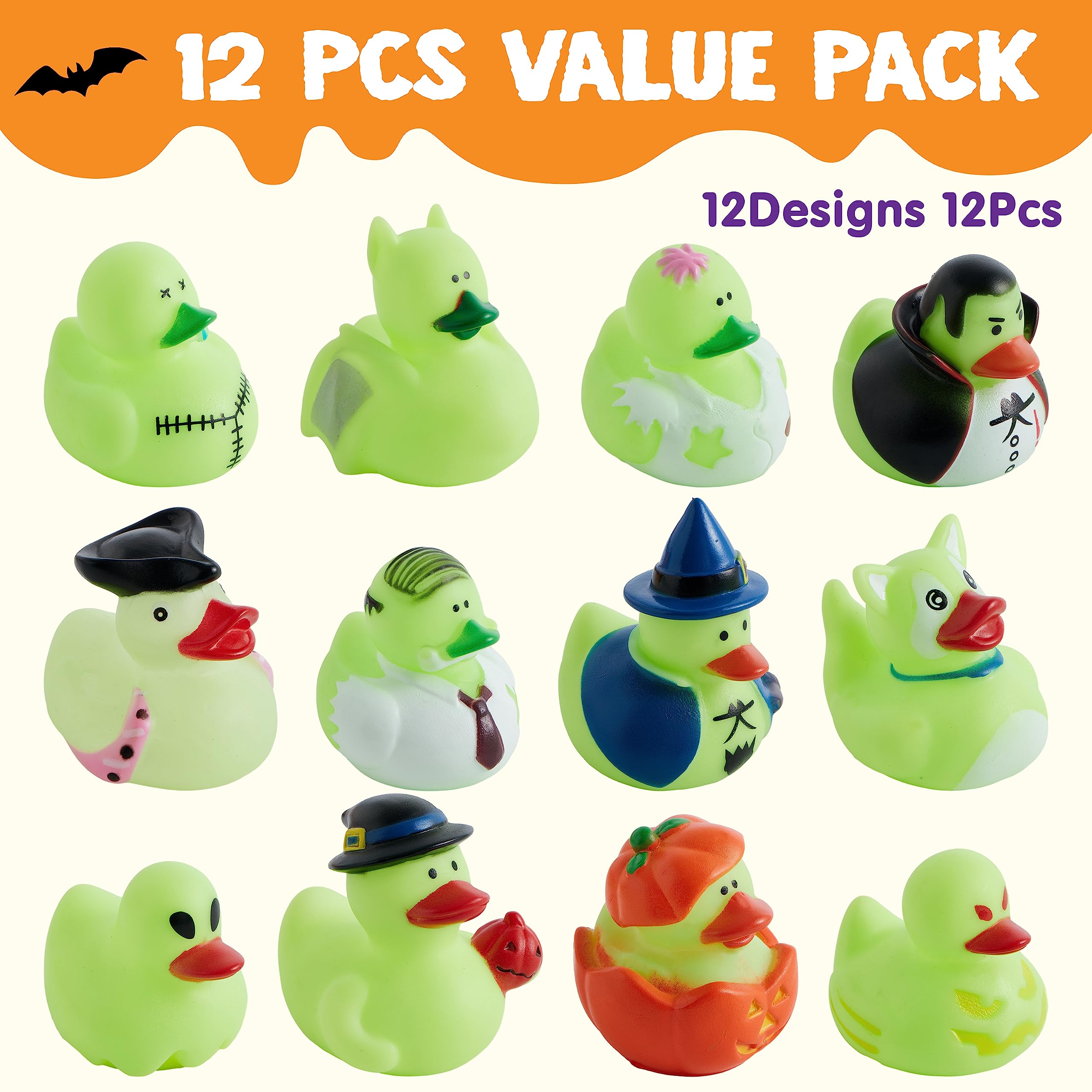 JOYIN 12 PCS Halloween Glow Ducks Bath Toys, Rubber Ducks for School Classroom Prizes, Glow in The Dark Duckies for Trick or Treating Goodie Bag Fillers, Halloween Party Favors Decorations