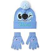 Disney Lilo & Stitch Girls Beanie Hat & Gloves Set | Blue Knitted Winter Hat with Stitch Character Face | Kids One Size Pom Pom Beanie with Heat Transfer Print Gloves | Classic Movie Merchandise Gift