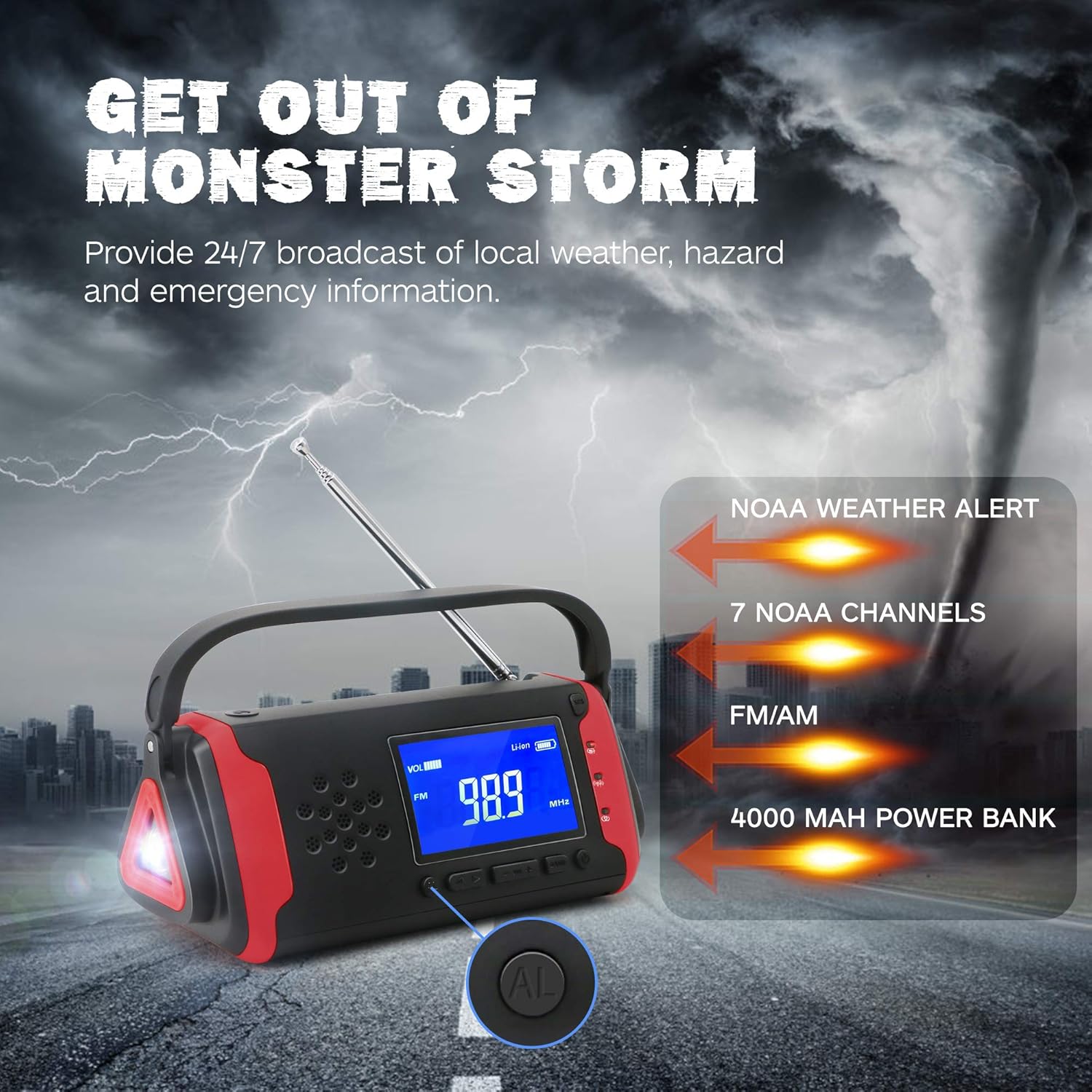 Emergency NOAA Weather Crank Solar Powered Portable Radio with 4000mAh Battery Power for Cell Phone, Bright Flashlight for Household Emergency and Outdoor Survival (097-Red): Home Audio & Theater