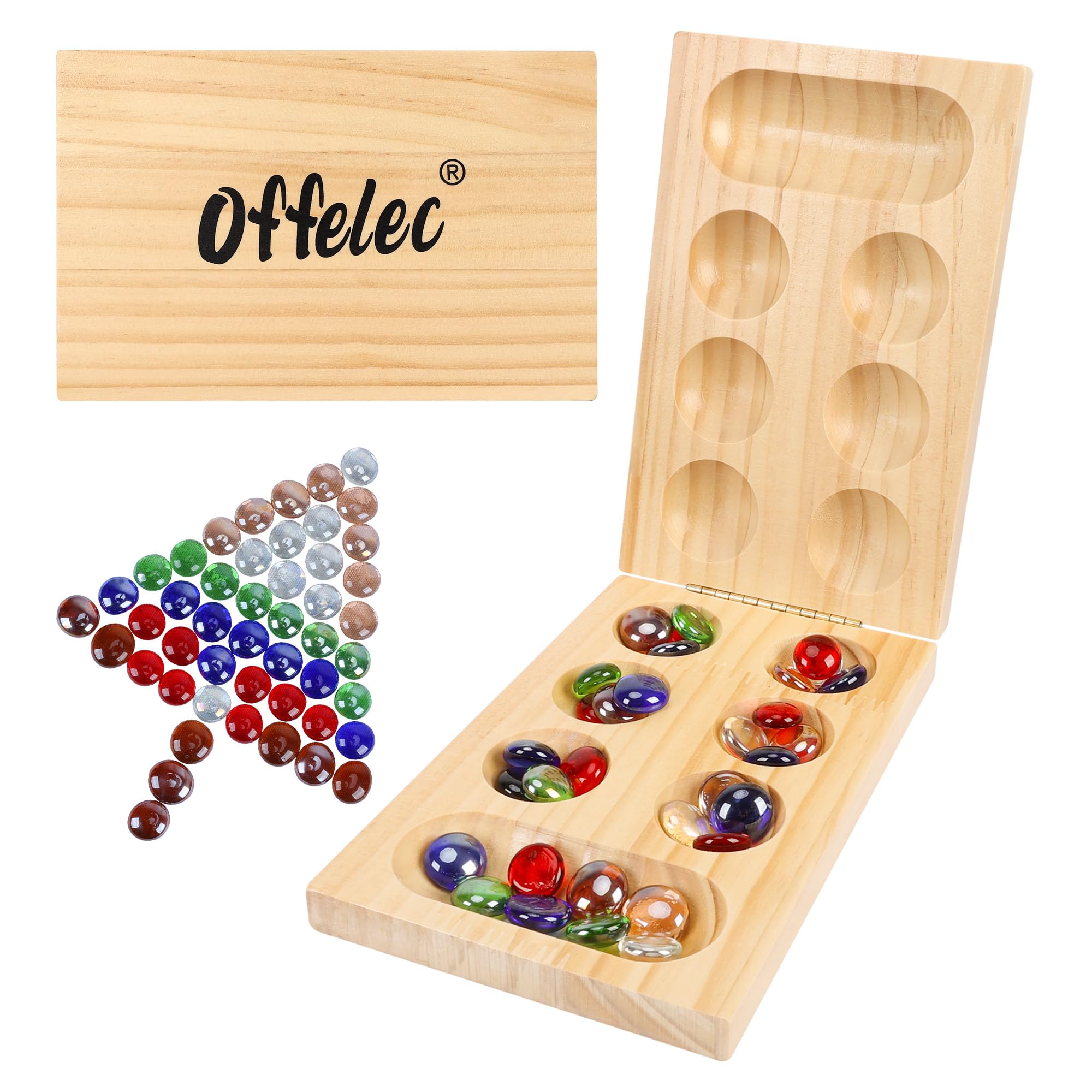 Photo 1 of Offelec Mancala Board Game Set, Portable Travel Wooden Folding Set, Fun Table Games for Kids Adults Family Night, 48 Multi Color Glass Stones, Birthday, 2 Players Games