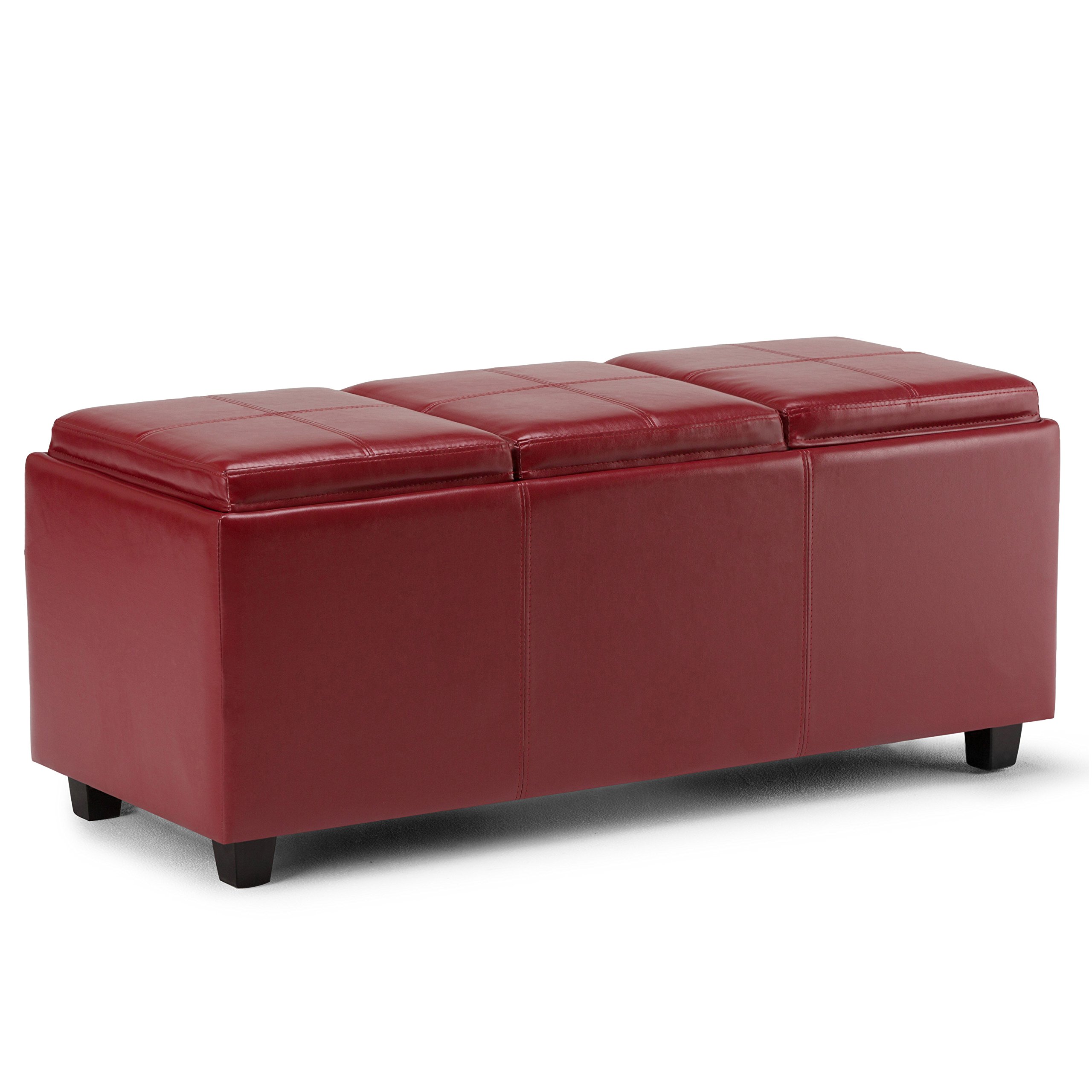 SIMPLIHOME Avalon 42 inch Wide Rectangle Storage Ottoman in Upholstered Red Faux Leather, Coffee Table for the Living Room, Bedroom, Contemporary