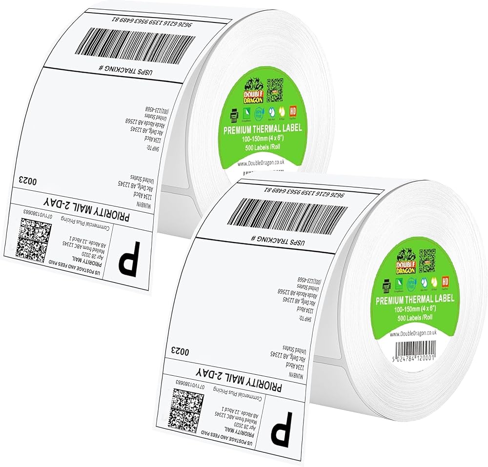 Double Dragon 4x6in Premium Direct Thermal Labels 500/Roll Pack of 2