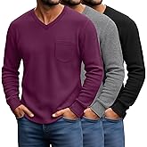 August Alley 3 Pack Men's Waffle Thermal Long Sleeve Shirts V Neck Lightweight Tops Casual Pullover Undershirts with Pocket