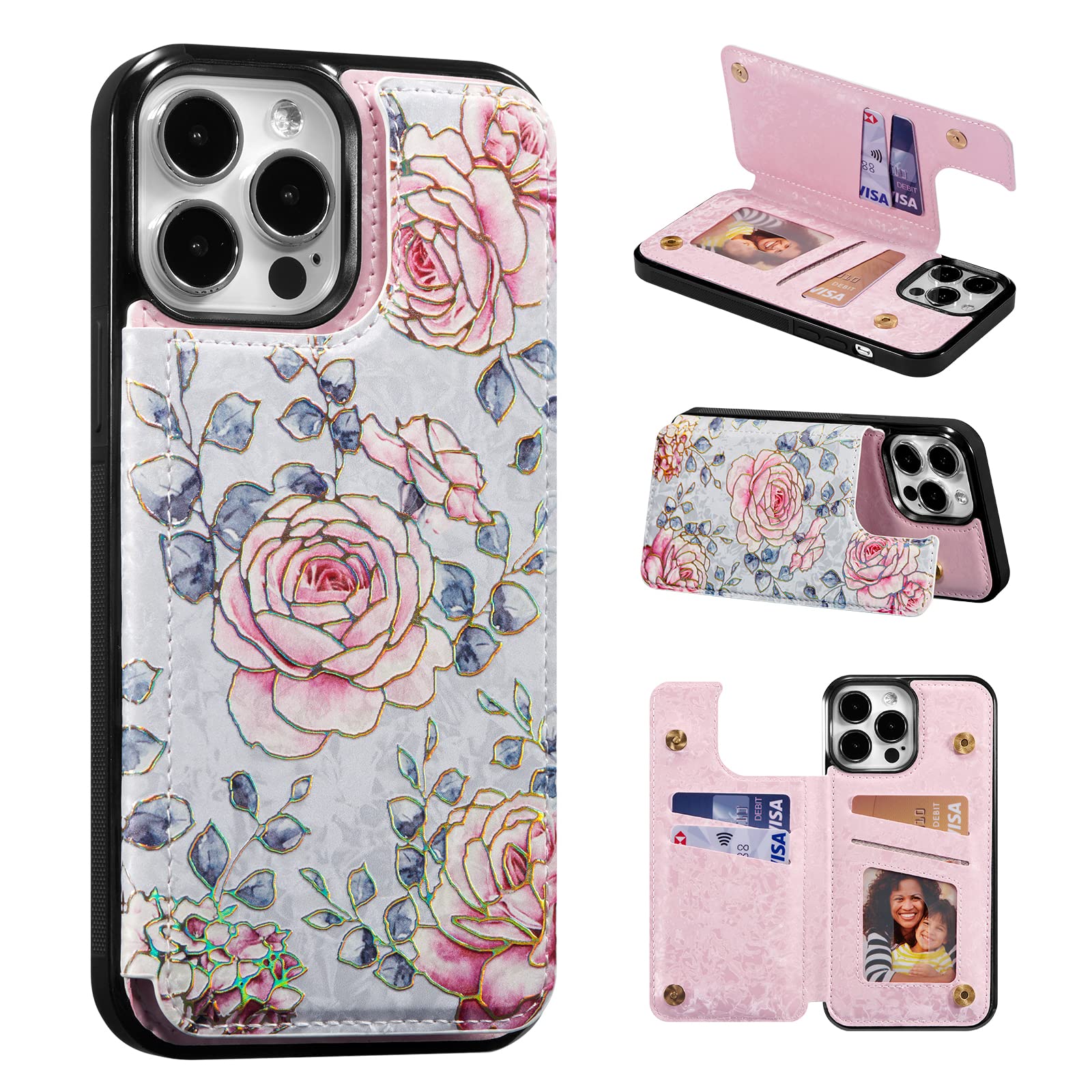 Photo 1 of UEEBAI Wallet Case for iPhone 15 Pro with Card Holders, PU Leather Cover Kickstand RFID Blocking Double Magnetic Clasp Rilievo Flower Shockproof Flip Case for Women Girls - Purple Rose