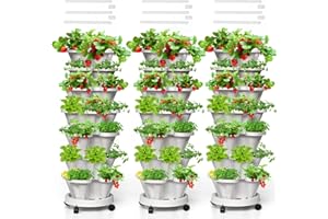 Tectsia Strawberry Vertical Planters Tower Garden 3 Pack, 7 Tiered Stacking Herb Vegetable Planter with Support Pole Indoor and Outdoor - White