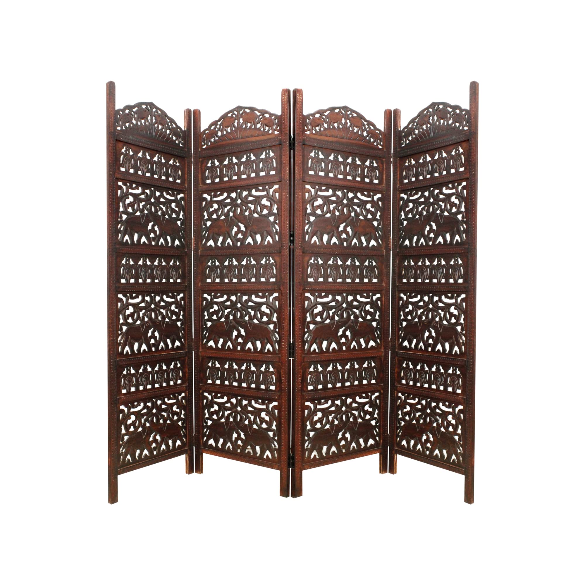 Photo 1 of ***FOR PARTS ONLY/ DAMAGED*** Room Divider Wood Screen - Elephant Hathi Walnut Brown - 4 Panel Fording 72x80 - Intricate Carved Room Décor Boho Portable Partition Privacy Screen Small Spaces Reversible Freestanding - COTTON CRAFT