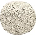 COTTON CRAFT Macrame Braided Pouf - Knitted Cotton Cord Comfortable Round Dori Pouf - Prefilled Ottoman Footrest Bean Bag - Stuffed Boho Moroccan Accent Seating - Nursery Bedroom Dorm - 20x14 - Ivory