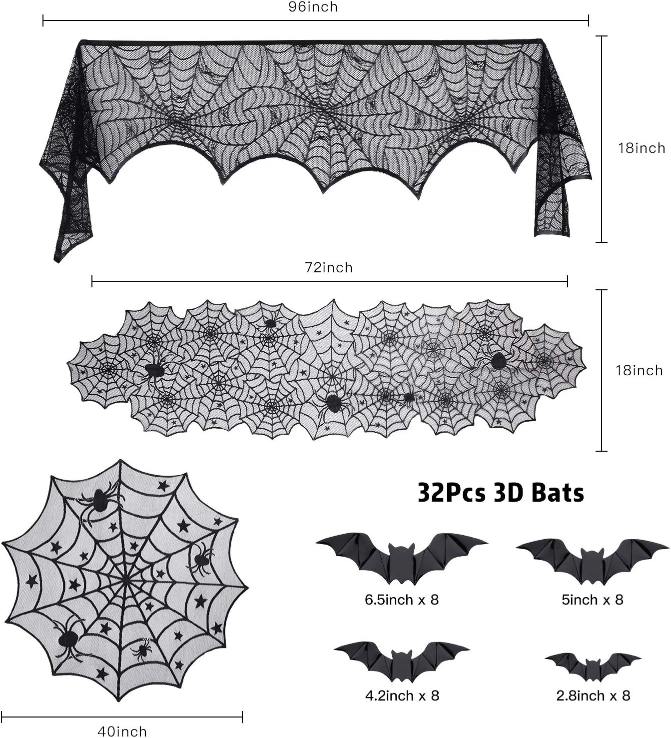 35 Pieces Halloween Decorations Set Include Lace Spider Web Table Runner, Round Lace Table Cover, Fireplace Mantel Scarf and 32 Pieces 3D Bats Wall Sticker Decal: Kitchen & Dining