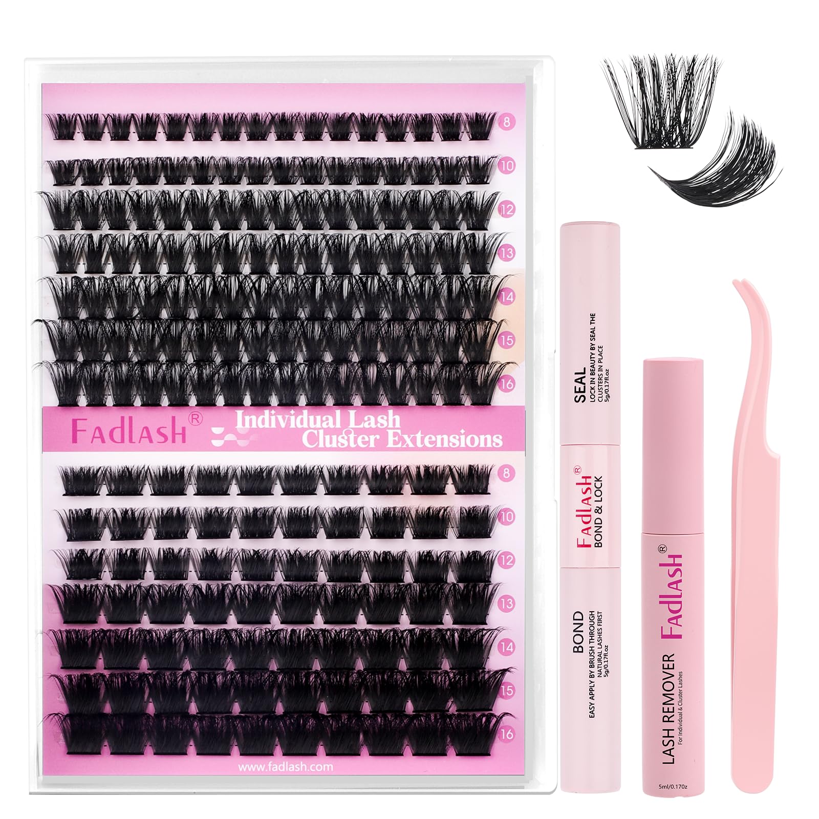 FADLASH 100D+200D 0.07mm D Curl 8-16mm with Bond and Seal, Remover and Tweezers Fluffy Wispy Cluster Lashes DIY Eyelash Extensions — image 1