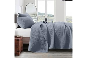 HORIMOTE HOME Quilt Set Queen Size Denim Blue, Classic Geometric Spots Stitched Pattern, Pre-Washed Microfiber Coverlet Ultra Soft Lightweight Quilted Bedspread for All Season, 3 Pieces