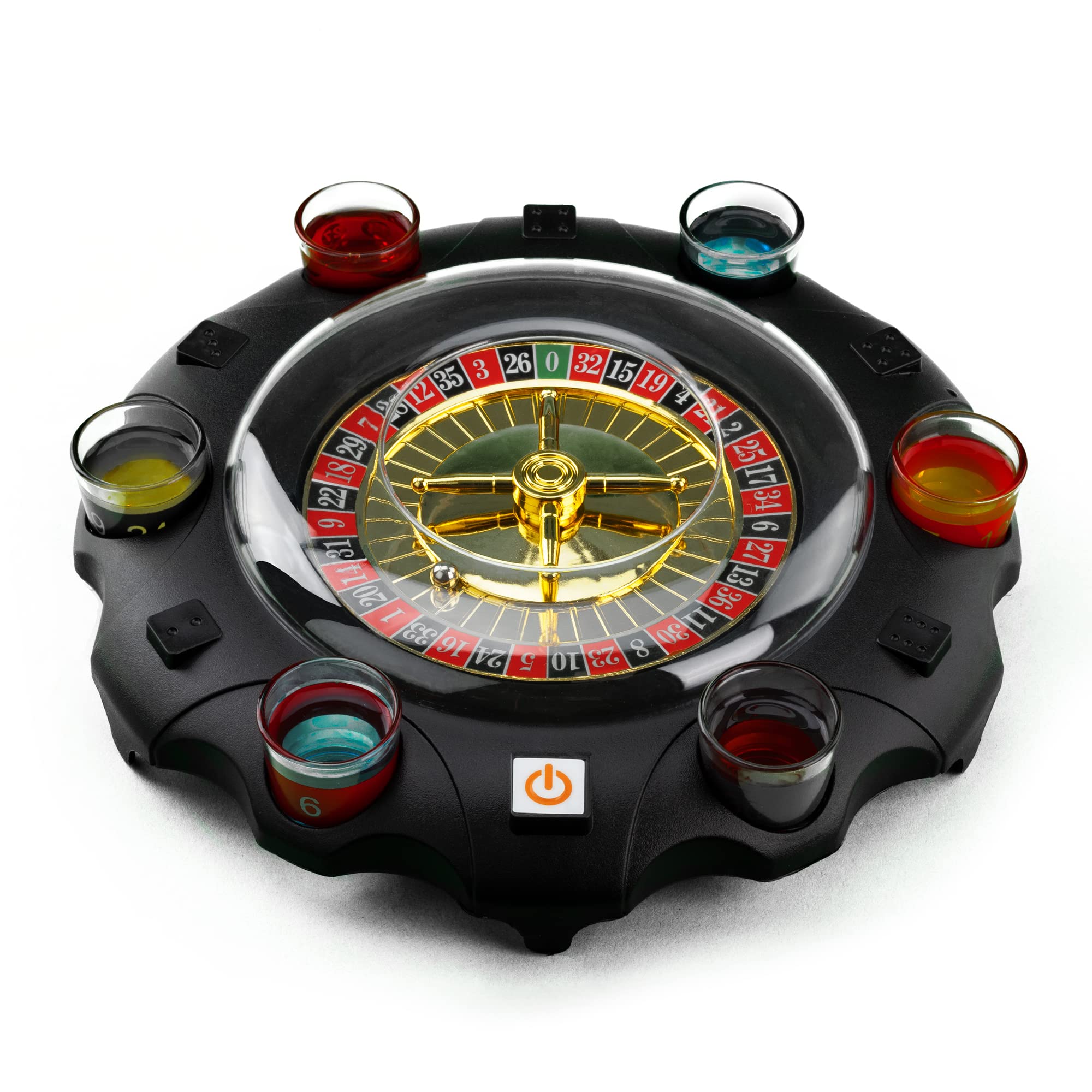 Wicked Gizmos Roulette Drinking Game with Powered Spinning Wheel, 6 Colourful Numbered and Coloured Shot Glasses and Quality Roulette Balls
