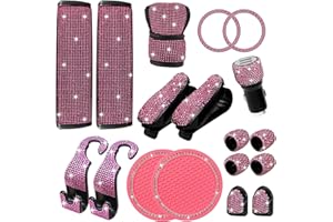YIXIN 18 Pcs Bling Car Accessories Set, Bling Seat Belt Covers, Bling Handbrake Cover, Bling Dual USB Car Charger, Bling Car Shift Gear Cover, Bling Car Coasters, Glasses Holders Start Button Ring (pink)